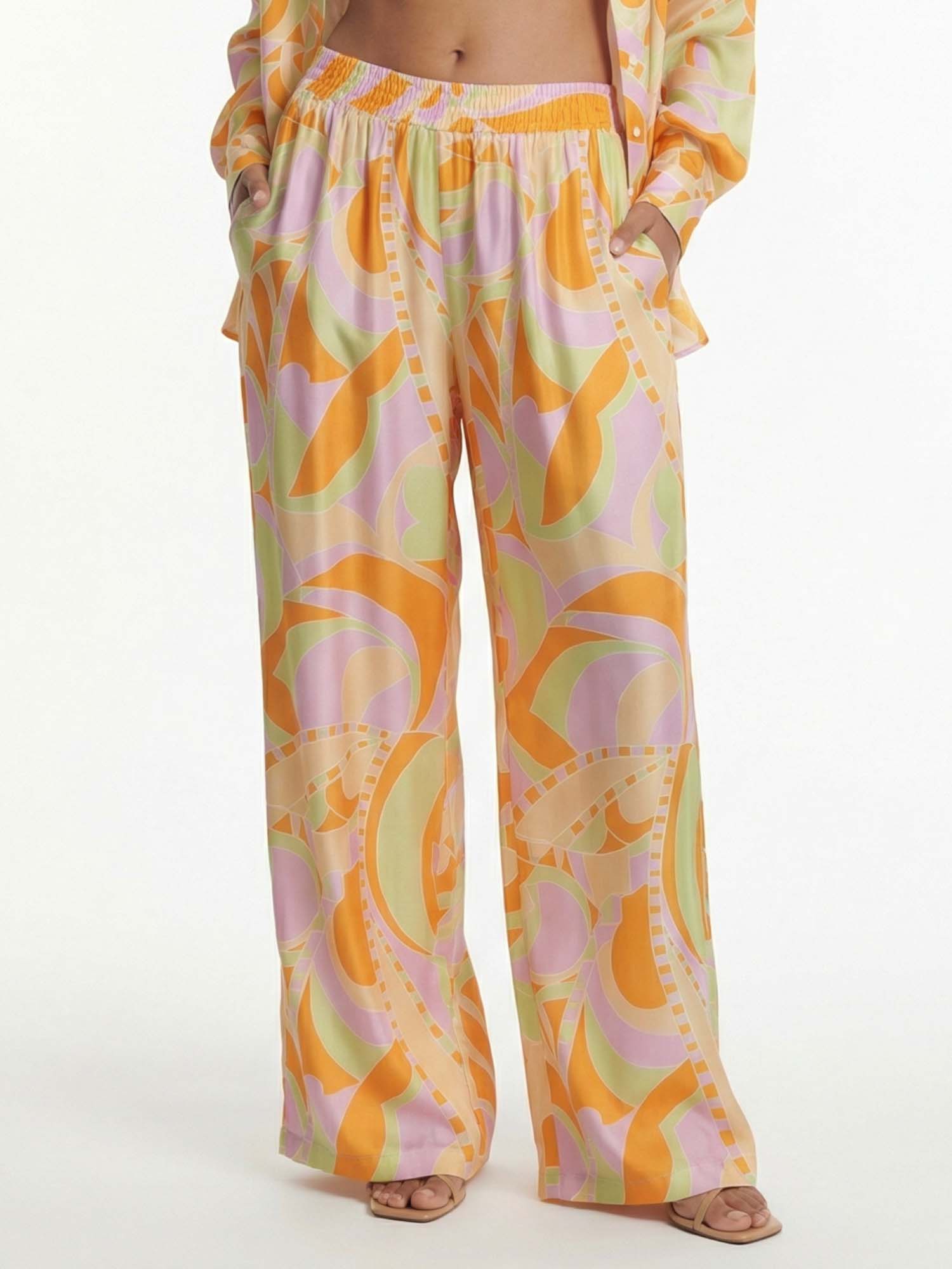 Wide Pants with Tropical Beach Graphic Print