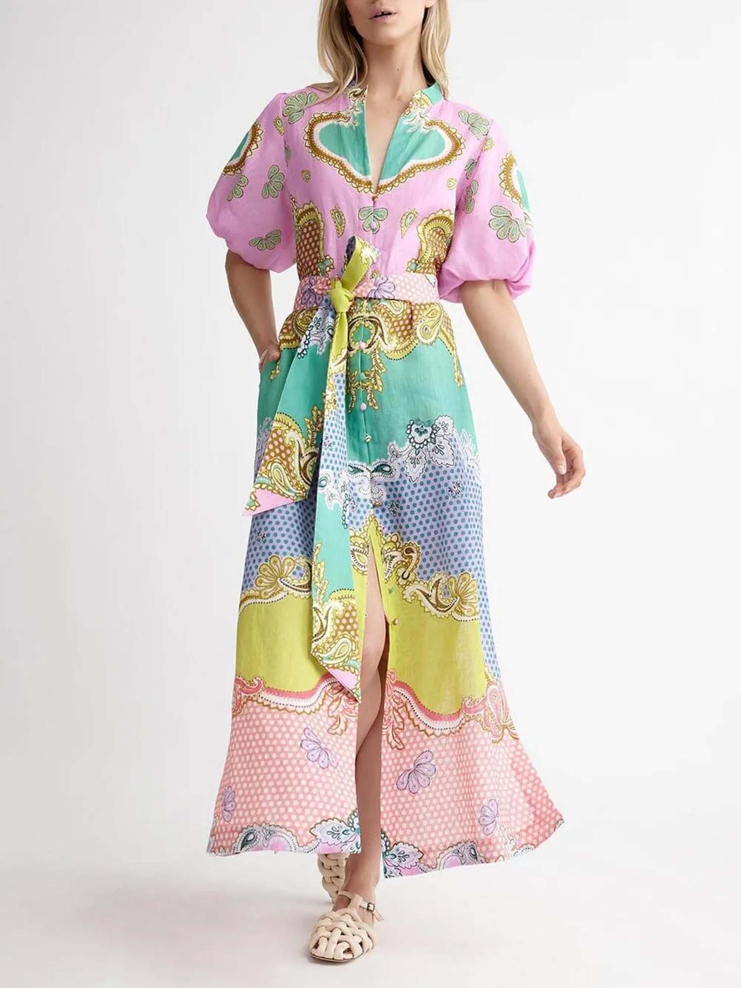Maxi Dress with Belt in Candy Mosaic Design