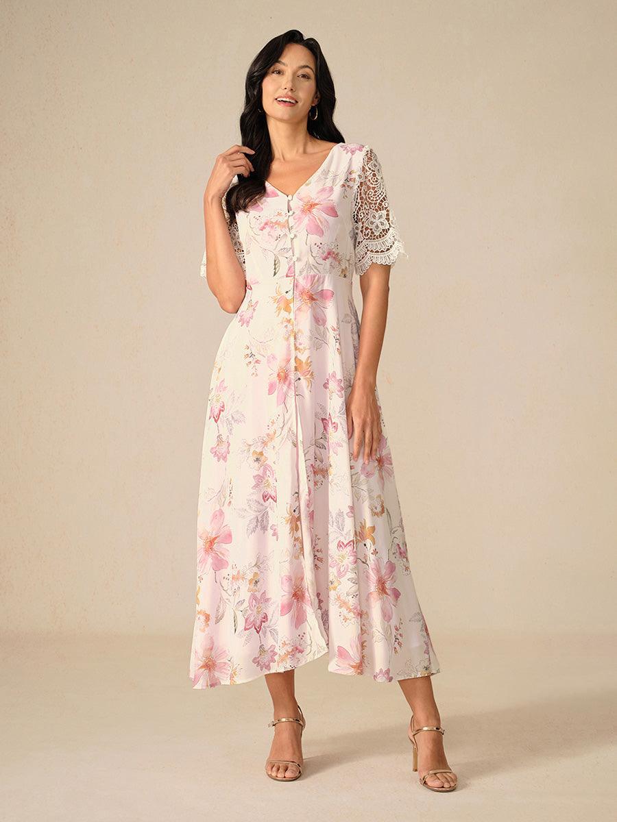 A-Line Floral Chiffon Dress with Lace Sleeve