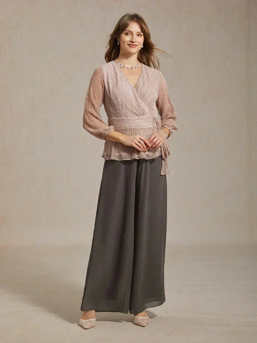 Straight Leg Pants with Chiffon Layer and Cut