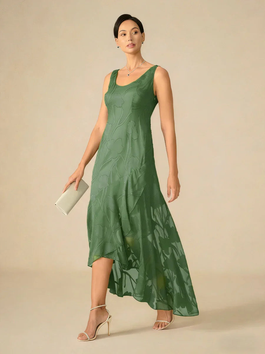 Sleeveless Evening Dresses in Floral Chiffon with Asymmetrical Hem
