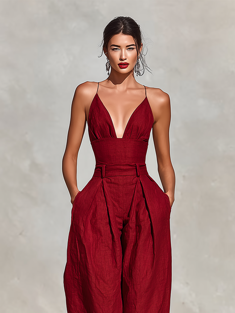 Red Linen Jumpsuit for Women with Spaghetti Straps and High-Waisted Shorts, Timeless Romantic-Elegant Style MDZ1915C8I