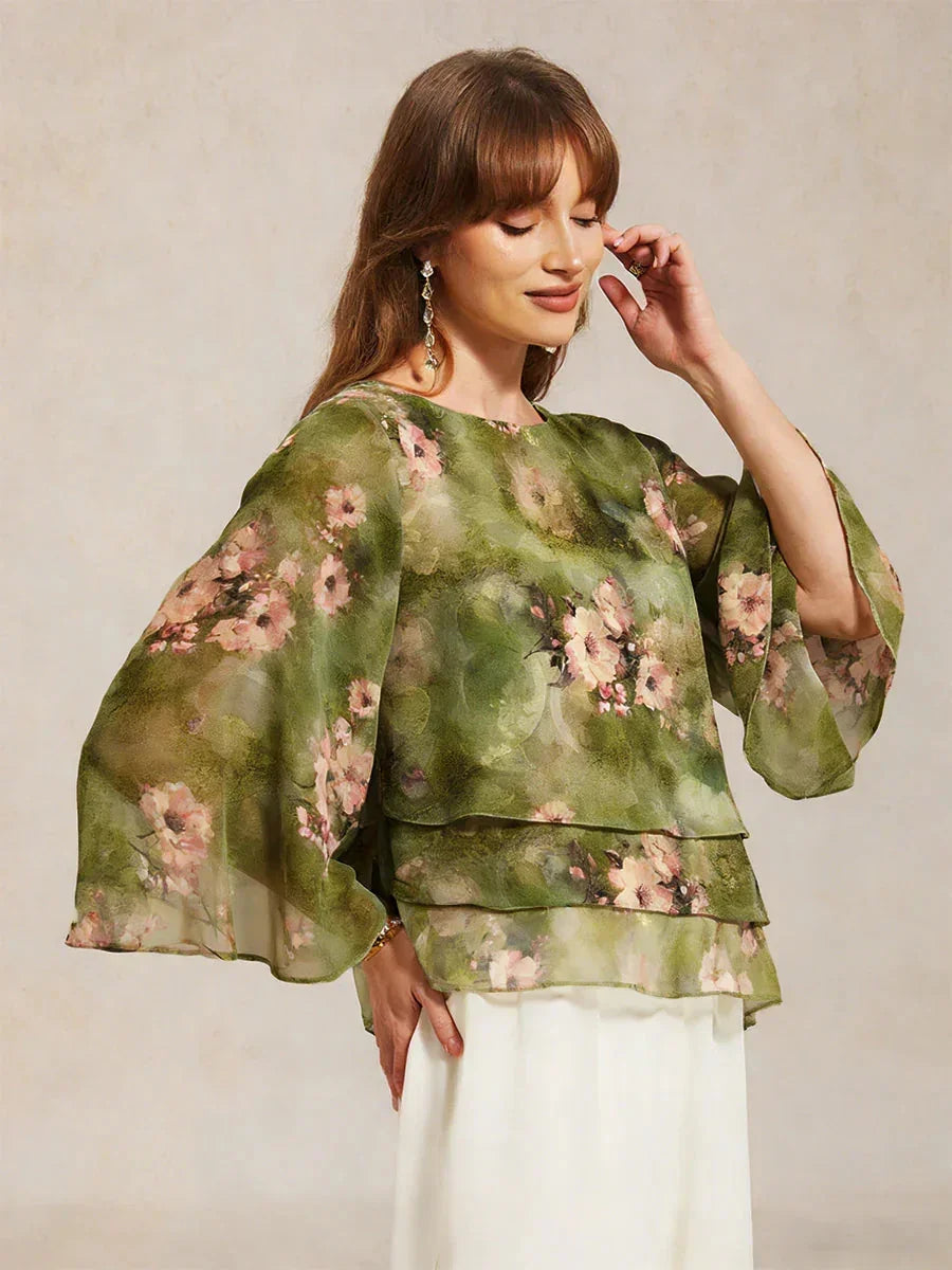 Layered Chiffon Shirt with Lace and Floral Print