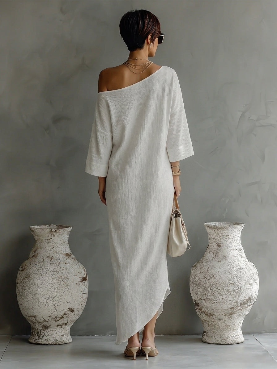 Women's Evening Dresses in Cream Color with Cotton-Linen Blend, One Shoulder, Flowing and Elegant MDA3032K4T