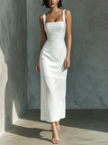 Women's Sleeveless Midi Dress in Simple White Cotton and Linen MDZ1204A3BA