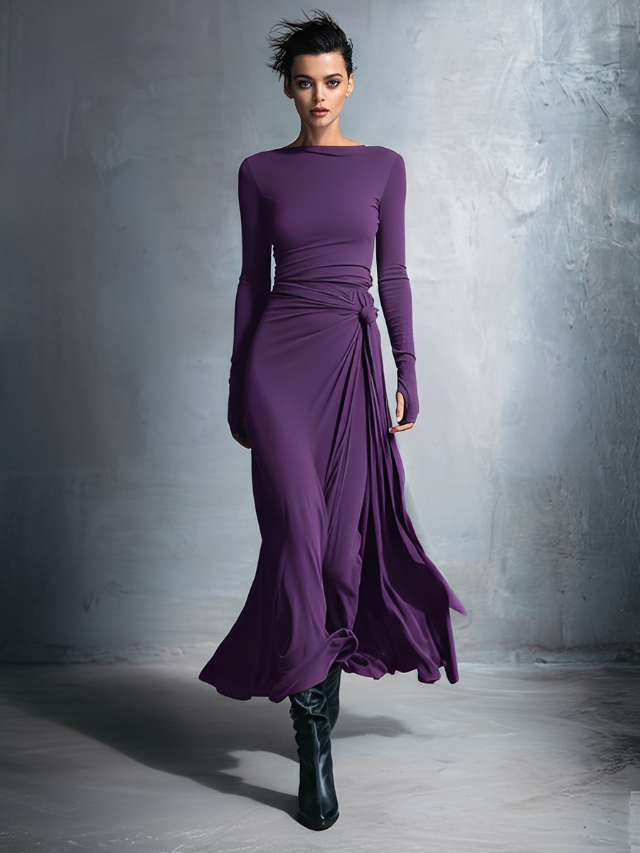 Elegant Gray Maxi Dresses for Women Made from Stretch Fabric - Maxi Dress with Tie MDA1401H9I