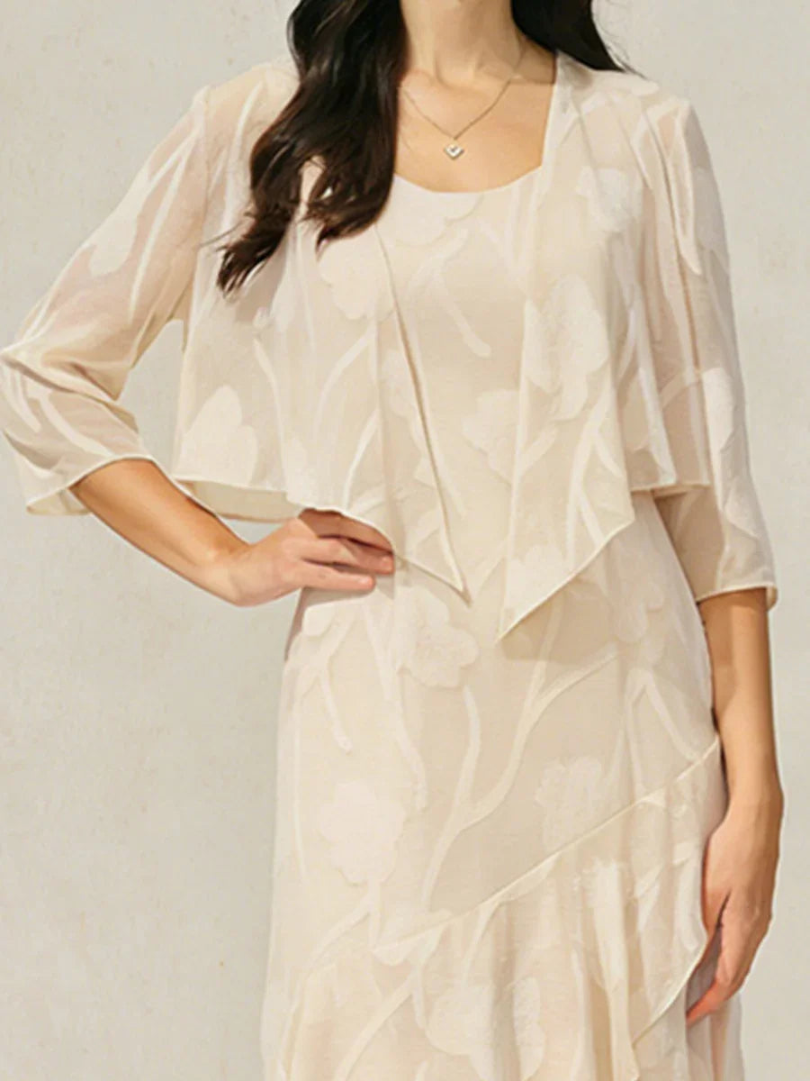 Sleeveless Evening Dress in Floral Chiffon with Asymmetrical Hem