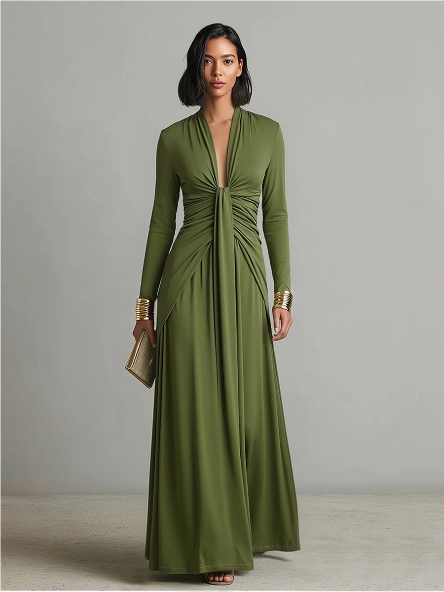 Olive Silk Women's Dress with a Fitted Cut, Deep V Neckline, and Crinkled Details, Shimmering Maxi Dress MDA0509L8I