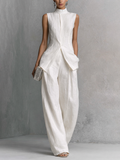 Elegant Sleeveless Top Set in White Cotton and Linen with Wide Pants MDZ0221B1BA