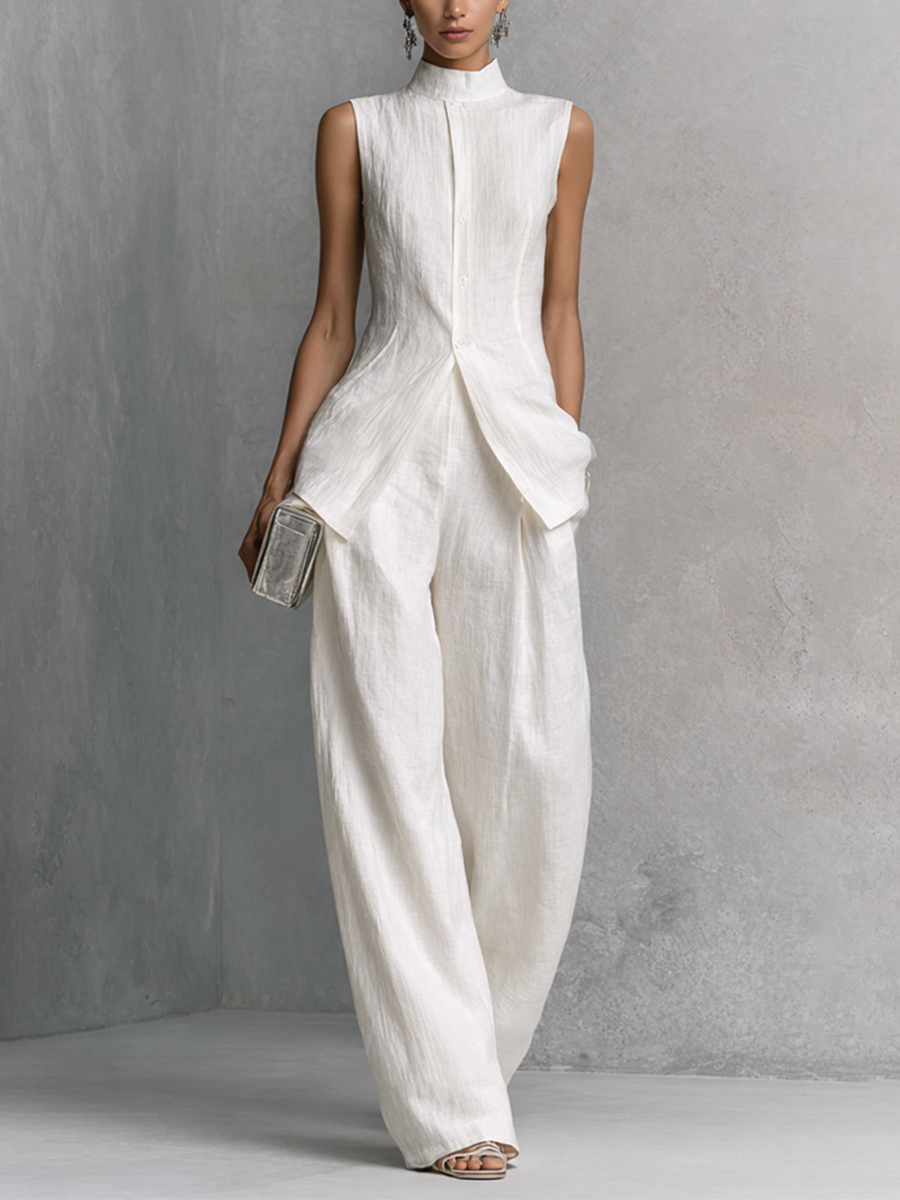 Elegant Sleeveless Top Set in White Cotton and Linen with Wide Pants MDZ0221B1BA