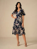 Floral Mid-Length Chiffon Dress with V-Neck and Zippers