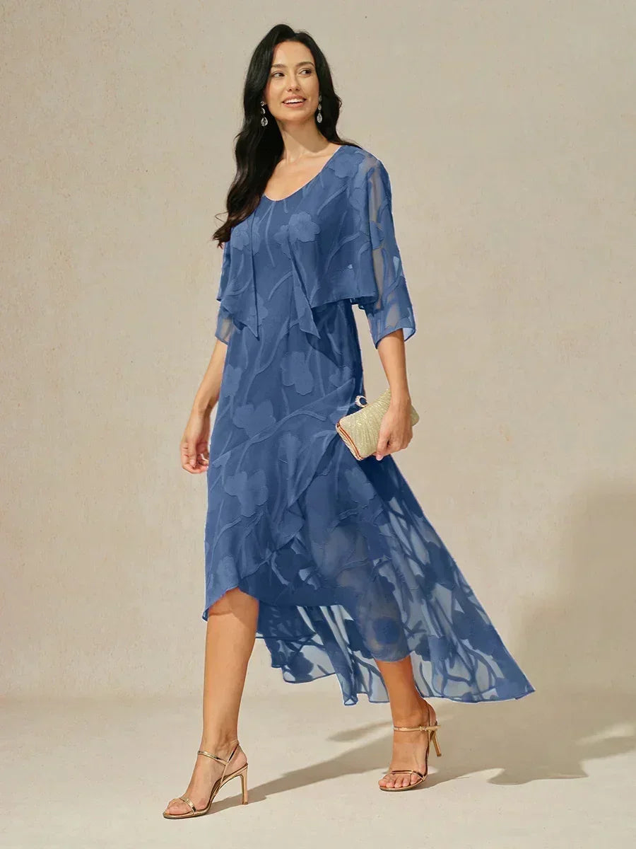 Sleeveless Evening Dresses in Floral Chiffon with Asymmetrical Hem
