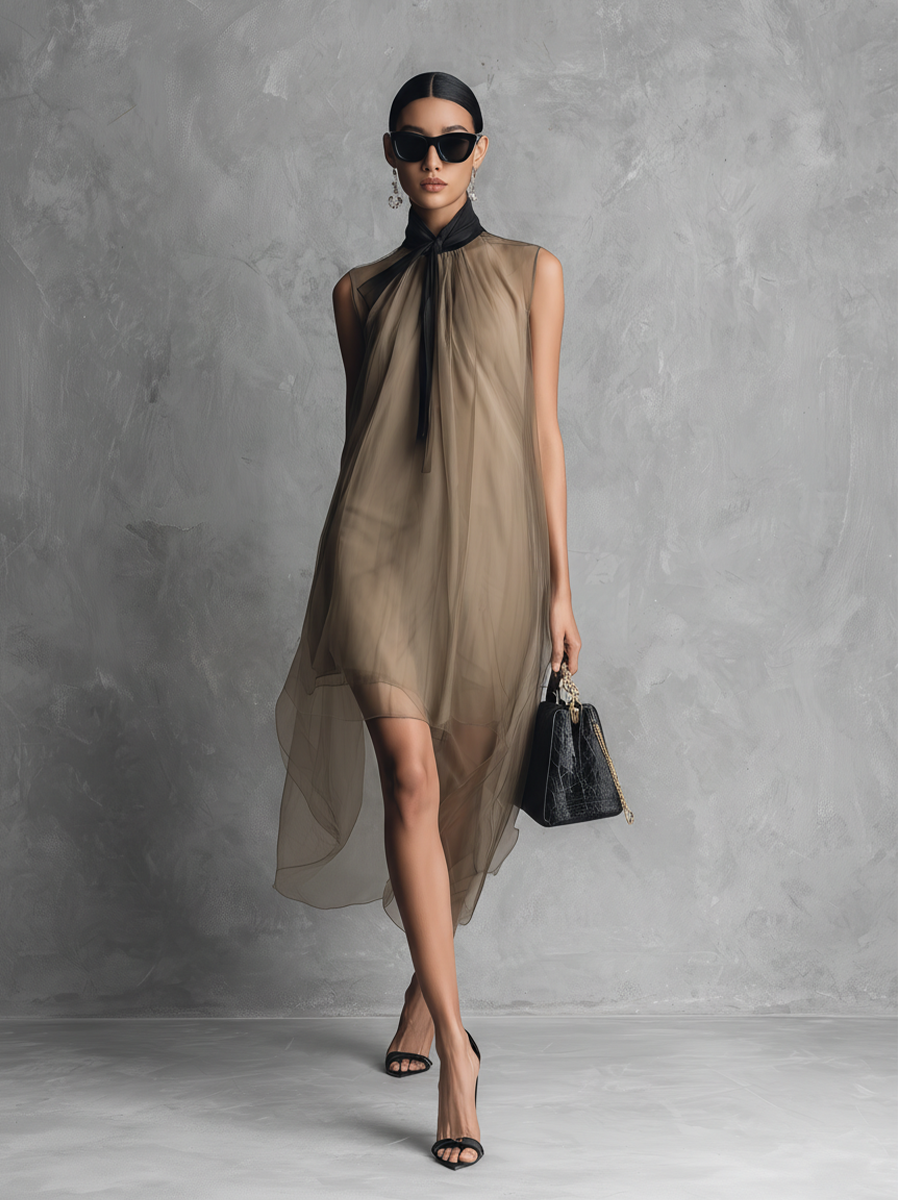 Women's Sleeveless Chiffon Dress in Khaki and Brown with Color Combinations MDZ1535A7BA