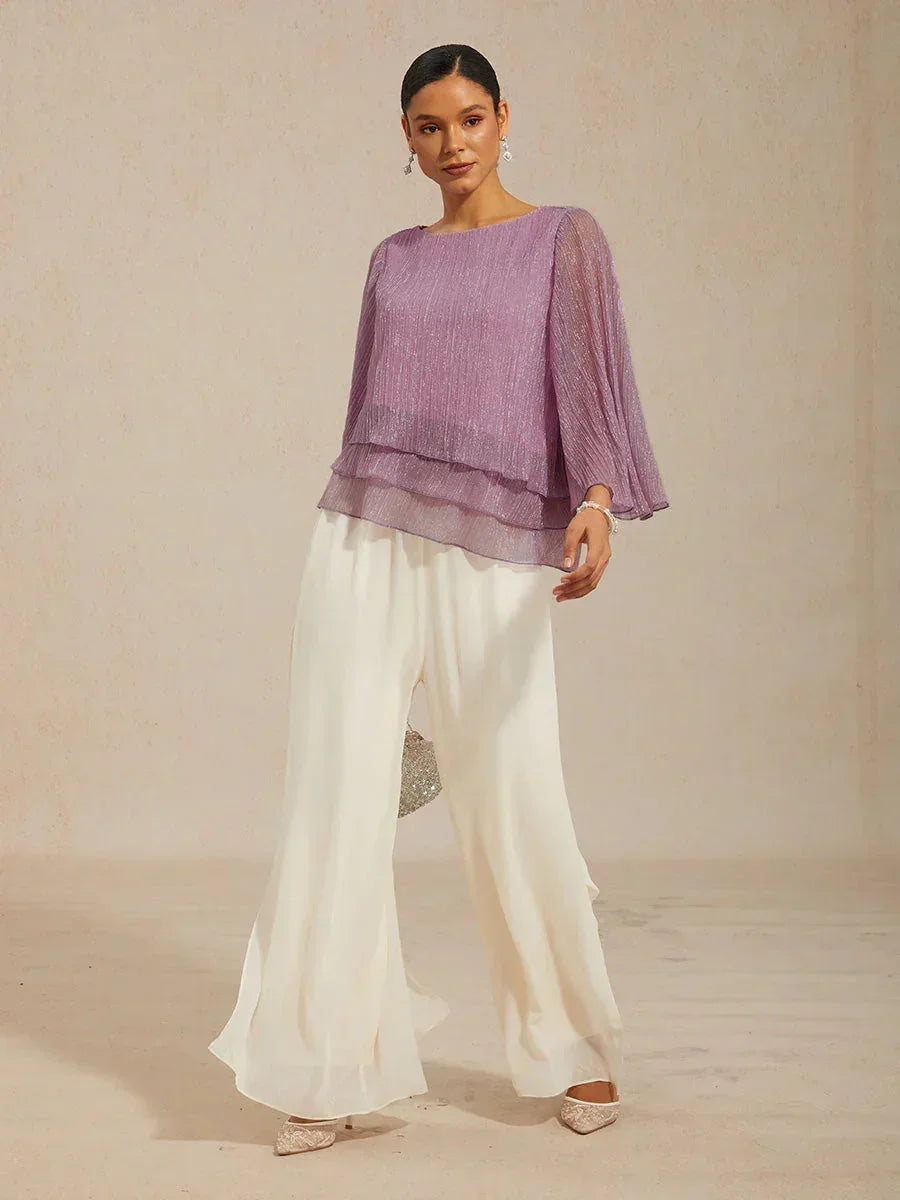 Asymmetrical Layered Shirt in Crinkled Metallic Chiffon