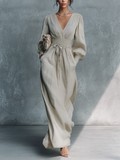 Women's Maxi Dress in Beige Made of Cotton and Linen with Stripes and V-Neck MDZ0361C4BA