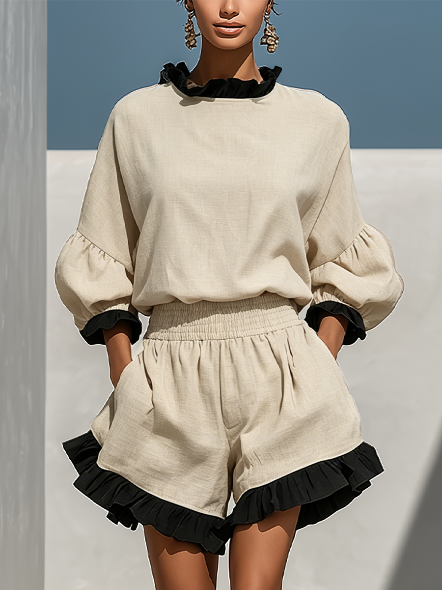 Long Sleeve Blouse for Women in Beige with Contrasting Raffia Edges and High-Waisted Shorts with Raffia Trim - Two-Piece Set MDZ1018D0T