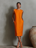 Orange Linen Dress for Women with Round Neck, Sleeveless, and Side Pockets, Timeless Minimalist-Elegant Style MDZ2851C7I