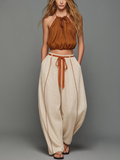 Halter Top for Women Without Sleeves in Brown Made of Cotton-Linen Blend, Paired with Beige Embroidered Pants MDZ1512D0LXY