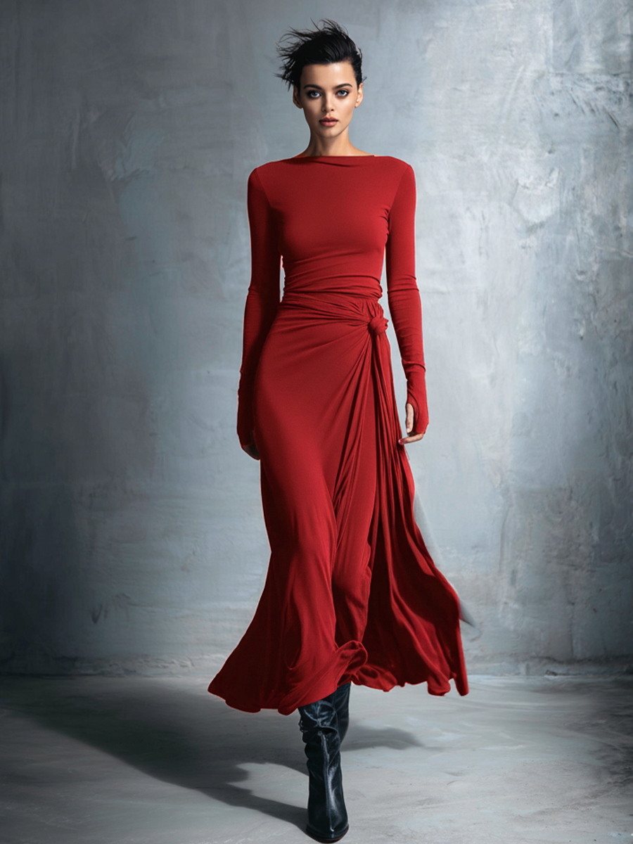 Elegant Gray Maxi Dresses for Women Made from Stretch Fabric - Maxi Dress with Tie MDA1401H9I