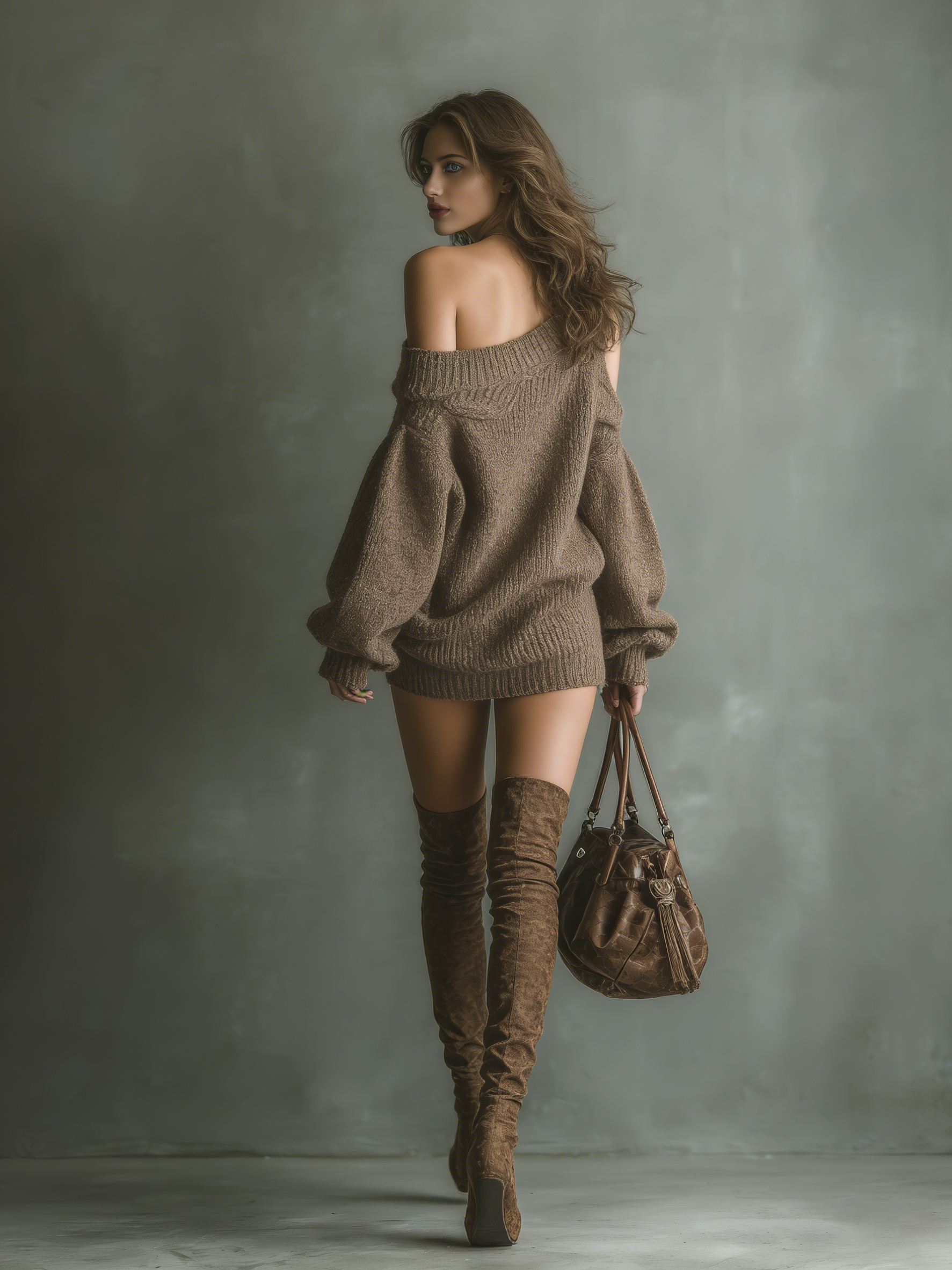 Brown Crochet Mini Dress for Women with Exposed Shoulders MDA1376K0T