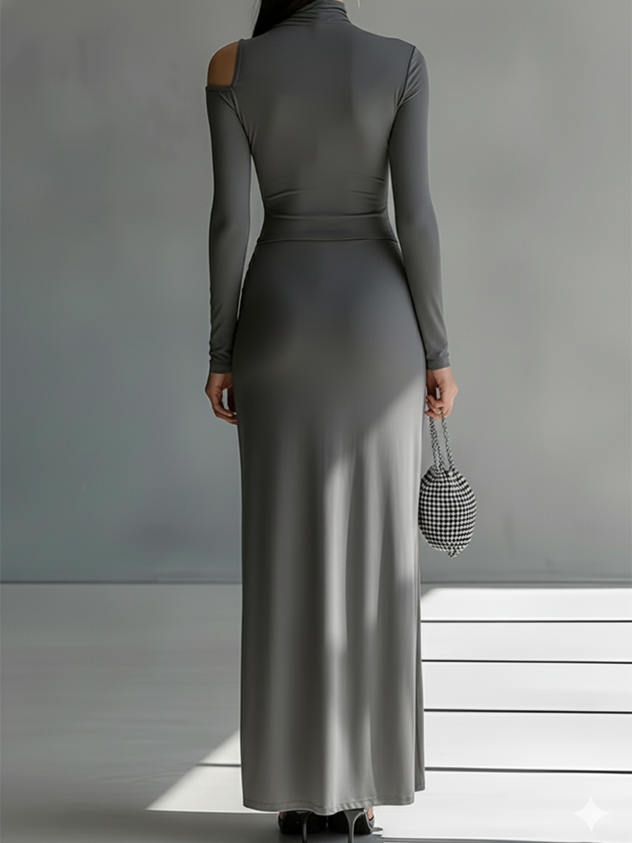 Women’s Gray Maxi Dress in Stretch Silk with Wrinkled Details and Cut MDA0546K6I