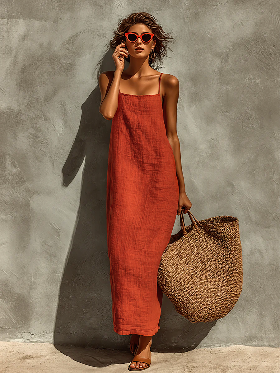 Red Cotton Dress for Women with Spaghetti Straps and Square Neckline, Timeless Boho-Resort Dress MDZ0924C3I