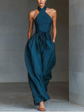 Women's Summer Dress in Dark Blue Linen Fabric with Cross Collar, Adjustable Waist, and Wide Pants MDZ0455B5T