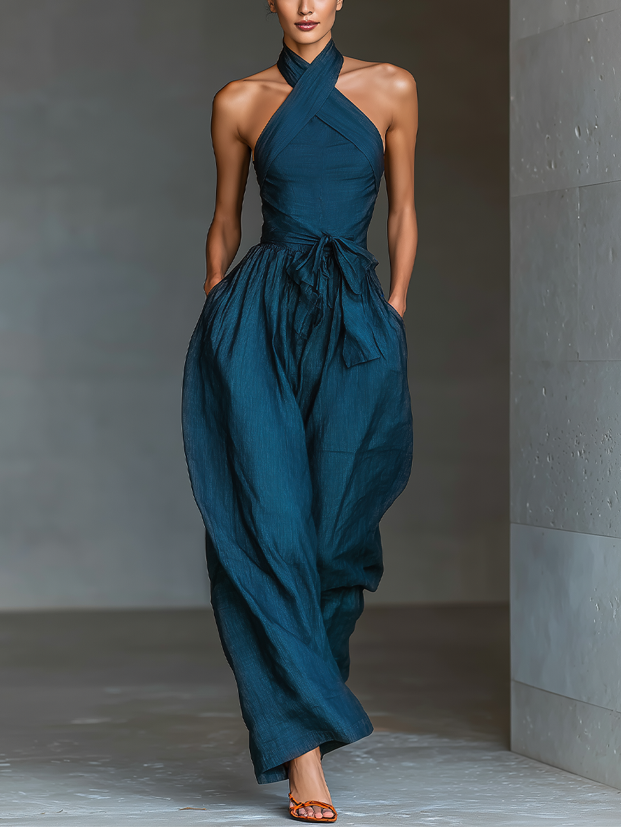 Women's Summer Dress in Dark Blue Linen Fabric with Cross Collar, Adjustable Waist, and Wide Pants MDZ0455B5T