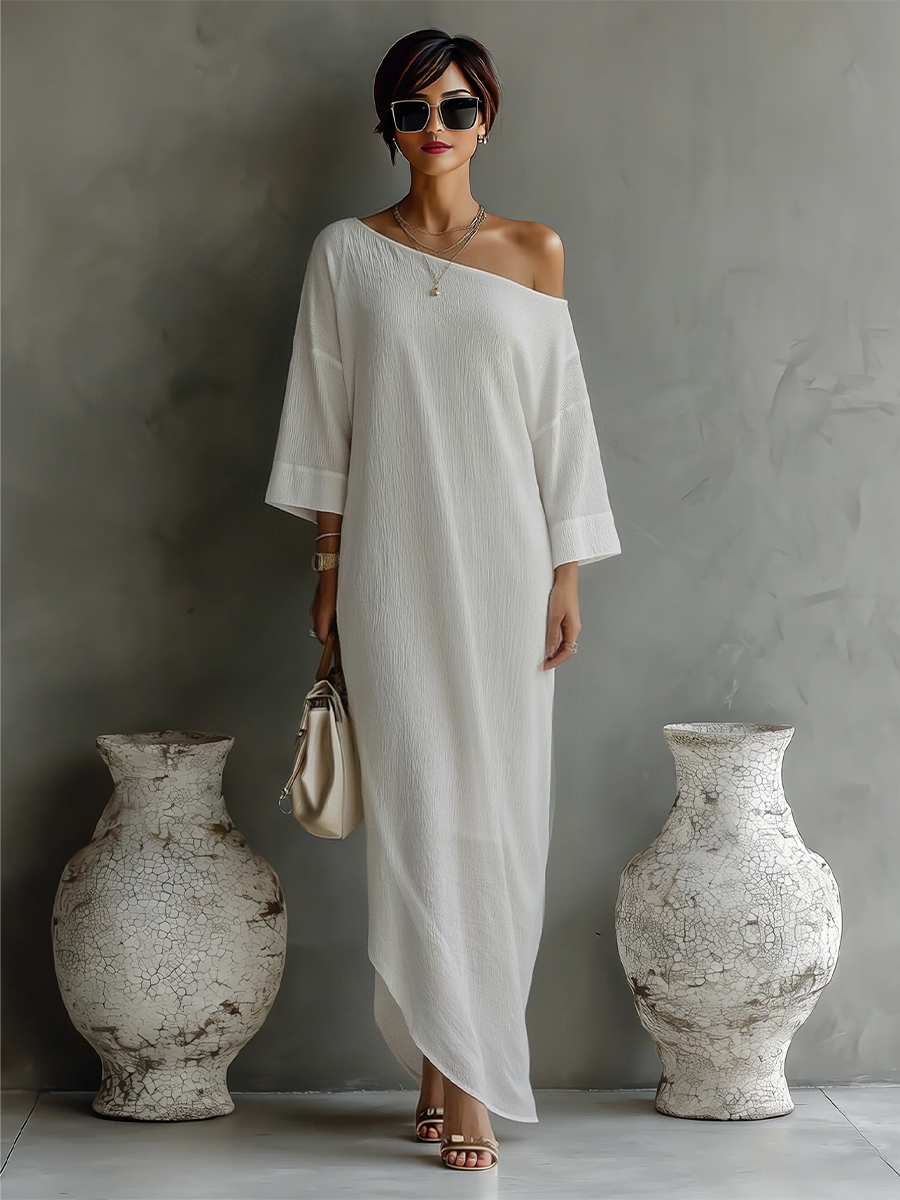 Women's Evening Dresses in Cream Color with Cotton-Linen Blend, One Shoulder, Flowing and Elegant MDA3032K4T