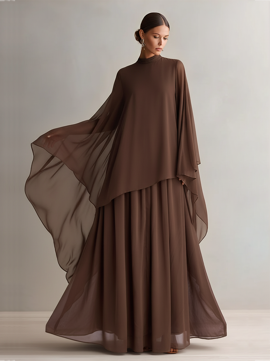 Rich Brown Chiffon Dresses for Women with a Flowing Maxi Silhouette and Scarf-like Design, Modern Elegant-Glitzy Style MDA1967L4I