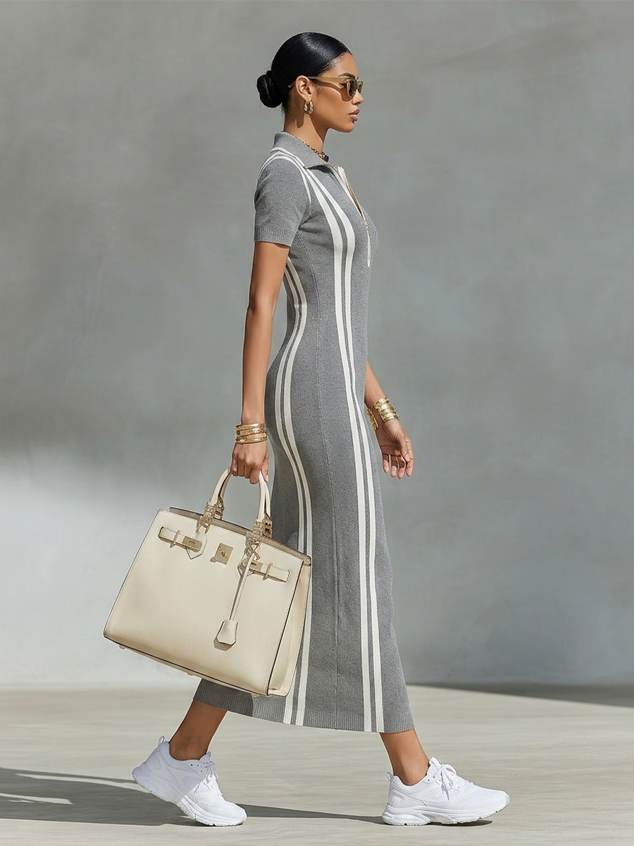 Gray Women's Maxi Dress with Polo Collar, Zipper, and Vertical Side Straps, Elegant Sporty Pencil Dress MDZ2497F8LYL
