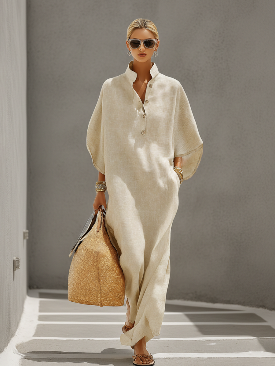 Linen Grain Dresses for Women with Mandarin Collar and Dolman Sleeves, Timeless Everyday Vacation Style Dress MDZ0552B1I