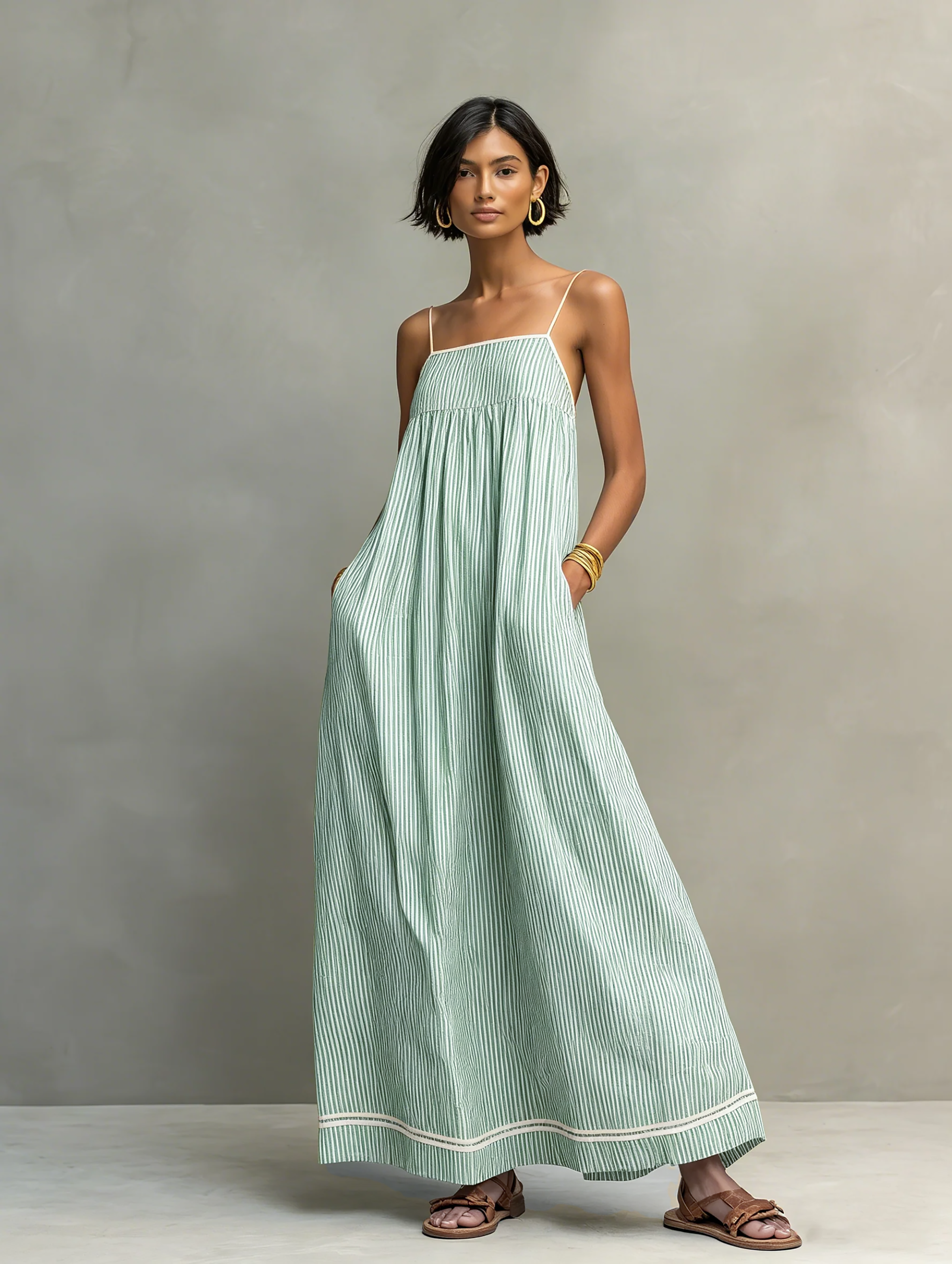 Striped Minimalist Maxi Dresses for Women with Red Edges and Spaghetti Straps MDZ2710C3Y