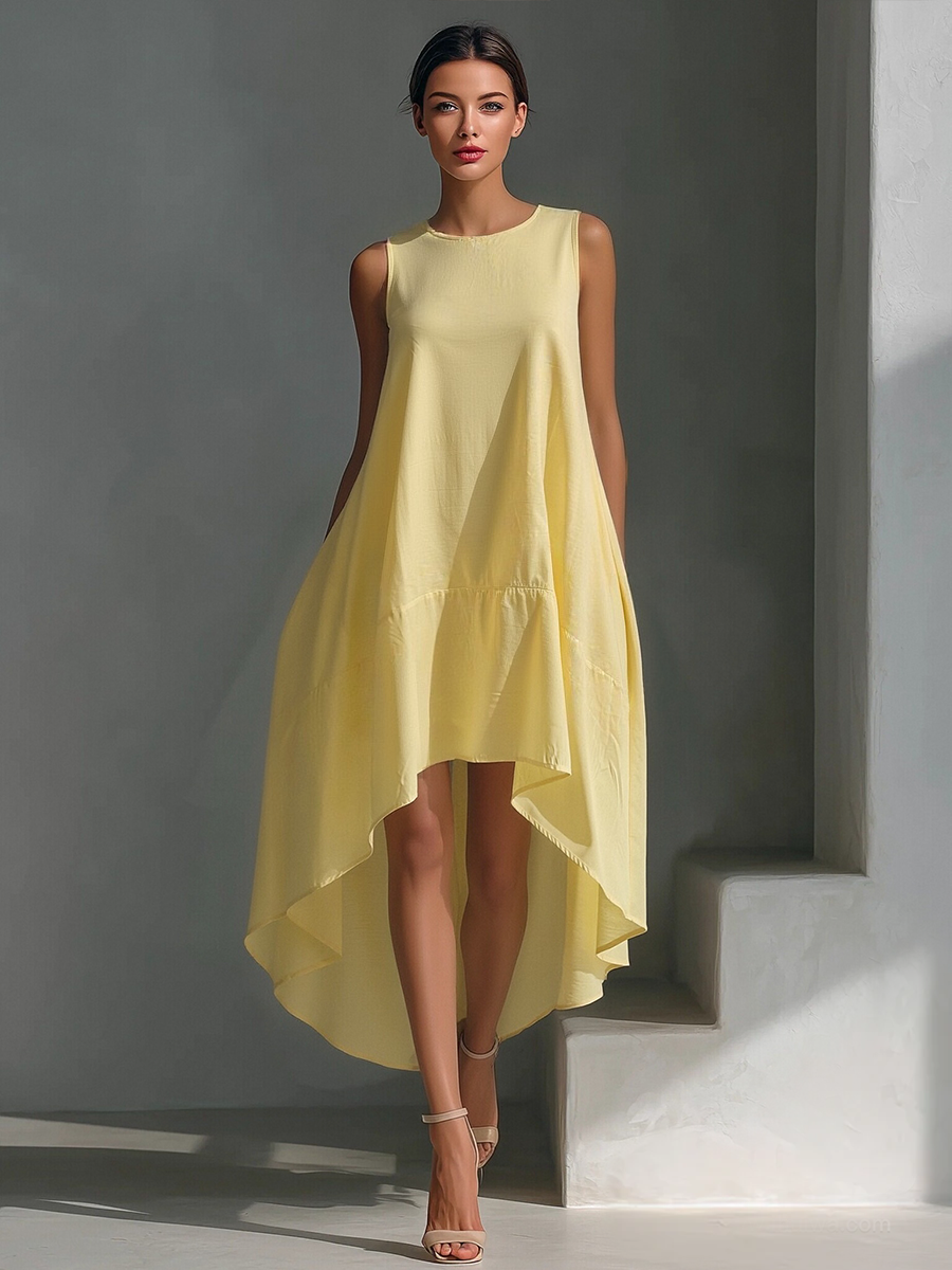 White Linen Sleeveless Midi Dresses for Women with Round Neck and Asymmetrical Skirt MDZ0987B9T