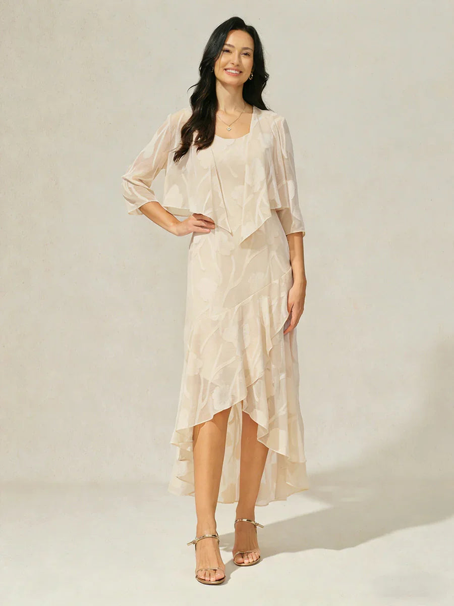 Sleeveless Evening Dress in Floral Chiffon with Asymmetrical Hem