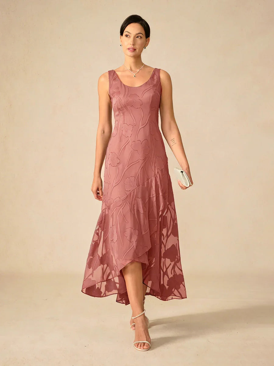 Sleeveless Evening Dresses in Floral Chiffon with Asymmetrical Hem