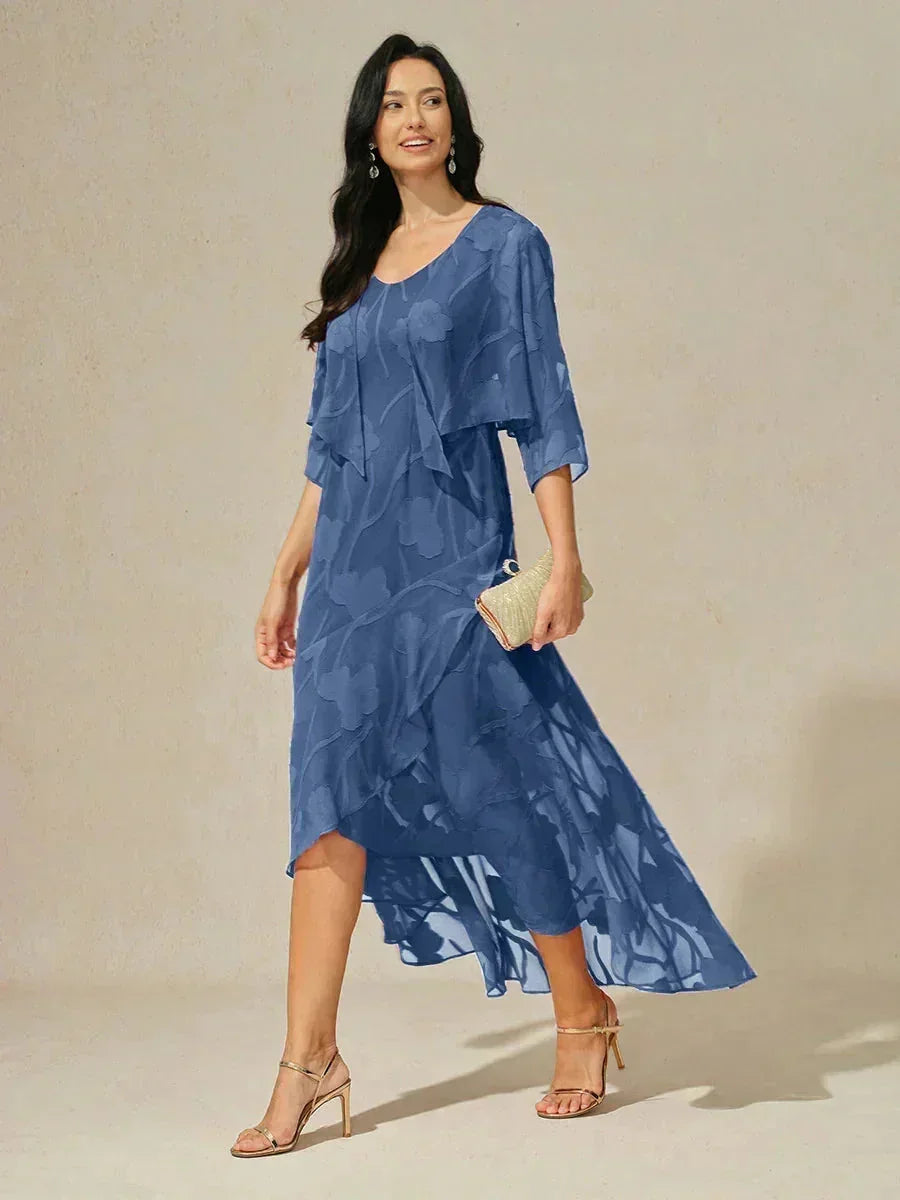 Sleeveless Evening Dresses Made of Floral Chiffon with Asymmetrical Hem