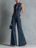 Dark denim dresses with a high collar, sleeveless, with a front zipper MDZ1239B2BA