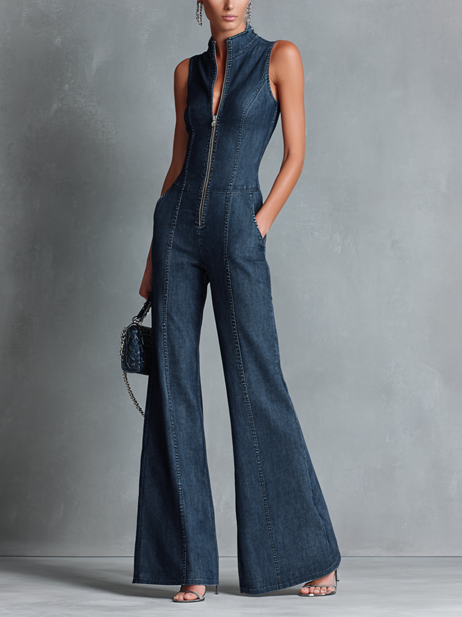 Dark denim dresses with a high collar, sleeveless, with a front zipper MDZ1239B2BA