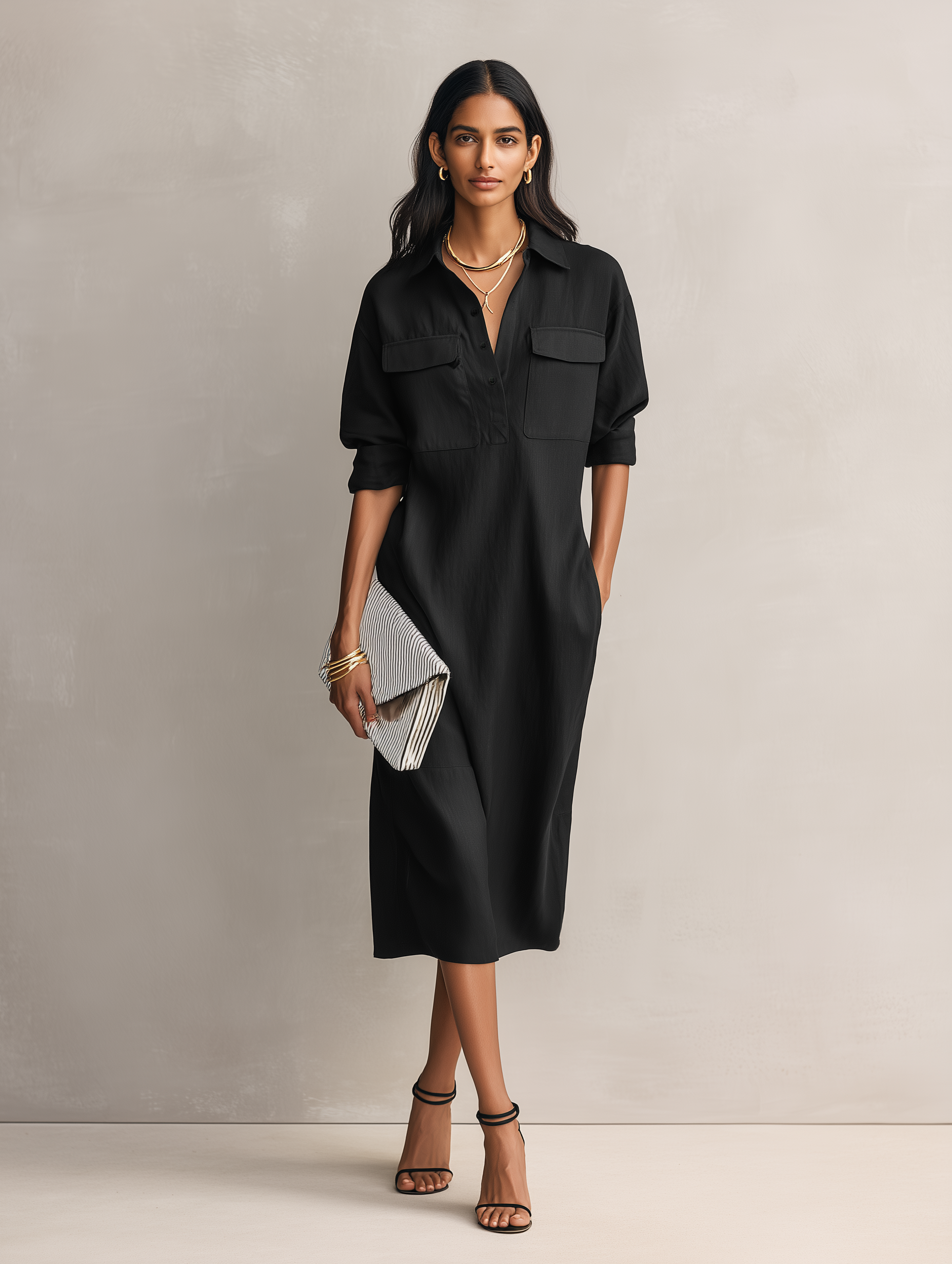 Short midi dresses with short sleeves in black, cotton-linen blend, with a shirt collar for women MDZ0455C2AN
