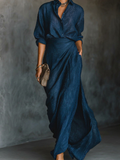 Set of long-sleeve shirt with collar and elegant pleated maxi skirt in a solid color