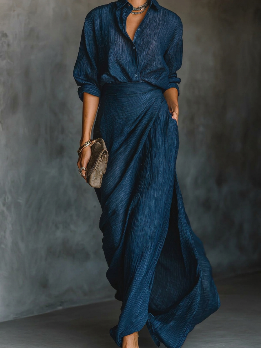 Set of long-sleeve shirt with collar and elegant pleated maxi skirt in a solid color
