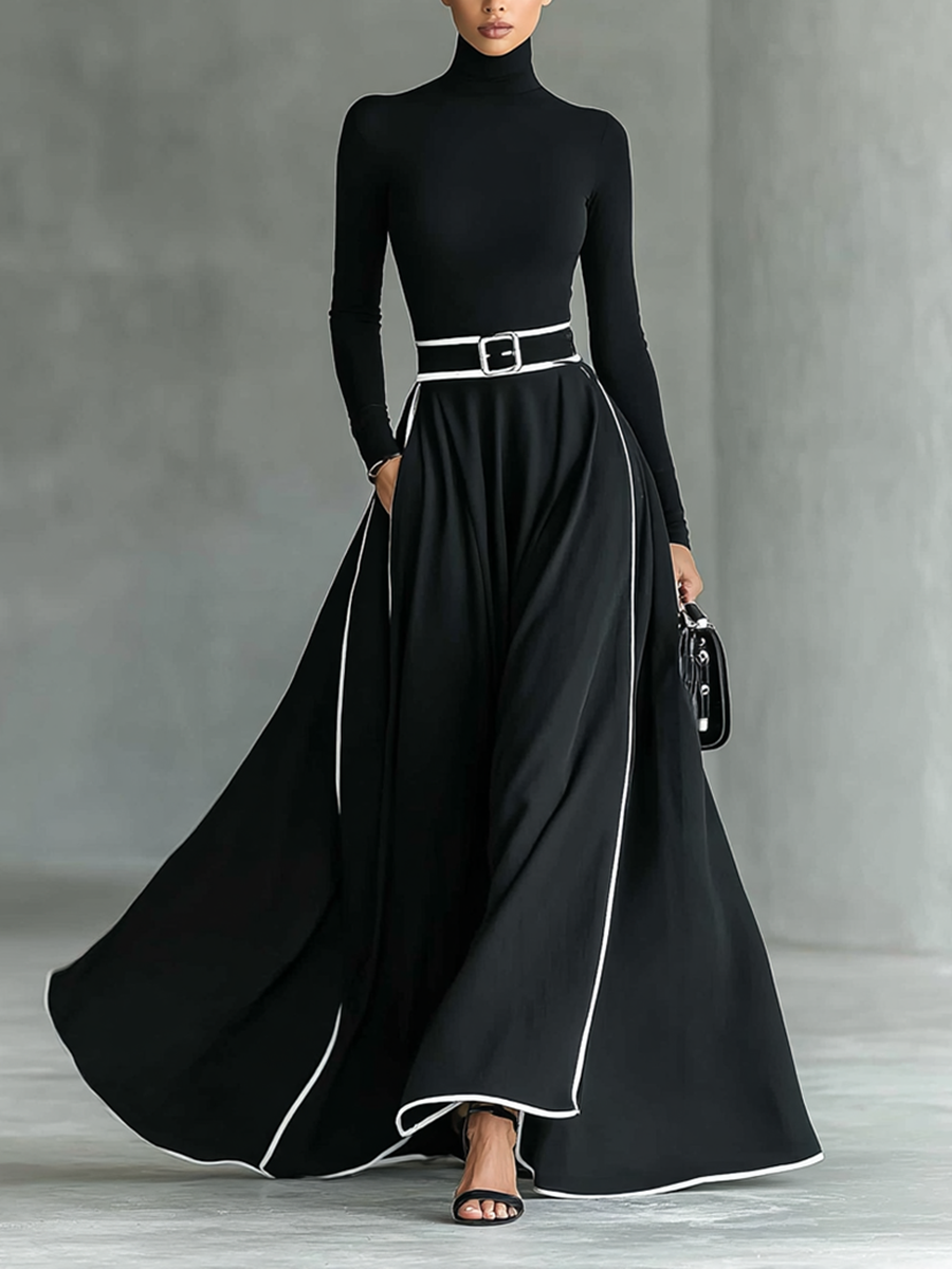 Black Maxi Dresses for Women with White Stitching, High Collar, Long Sleeves, Fitted Belt MDA1031G0Y