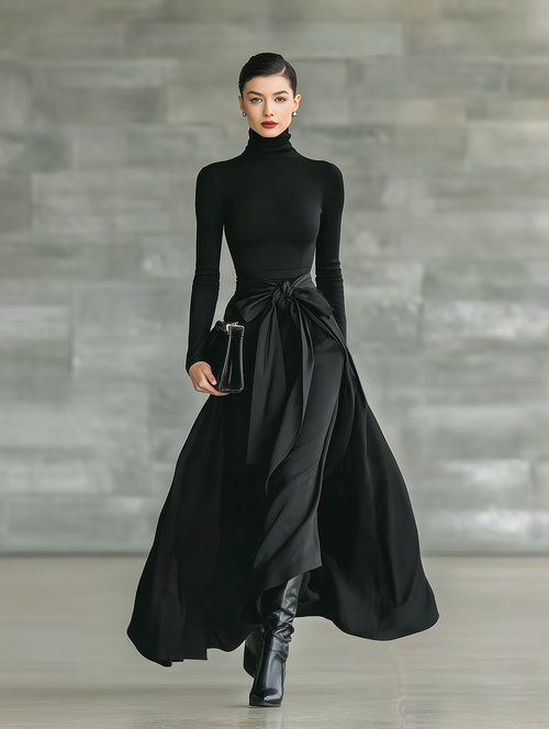 Black Maxi Dress for Women with High Collar, High Stretch, Knitted and Satin MDA2851J4T