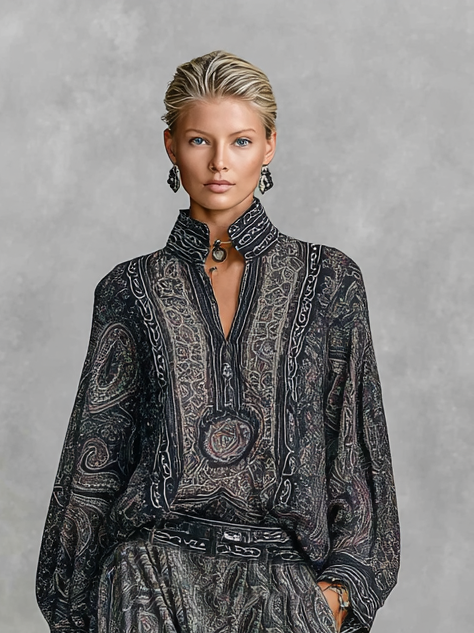 Shirt and Pants Set with Stand Collar, Long Sleeves, and Vintage Paisley Print for Women MDA2558G3Y