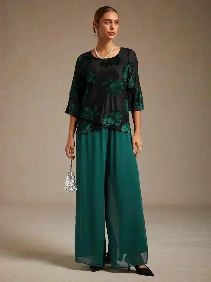 Straight Pants with Flowing Split Chiffon Layer