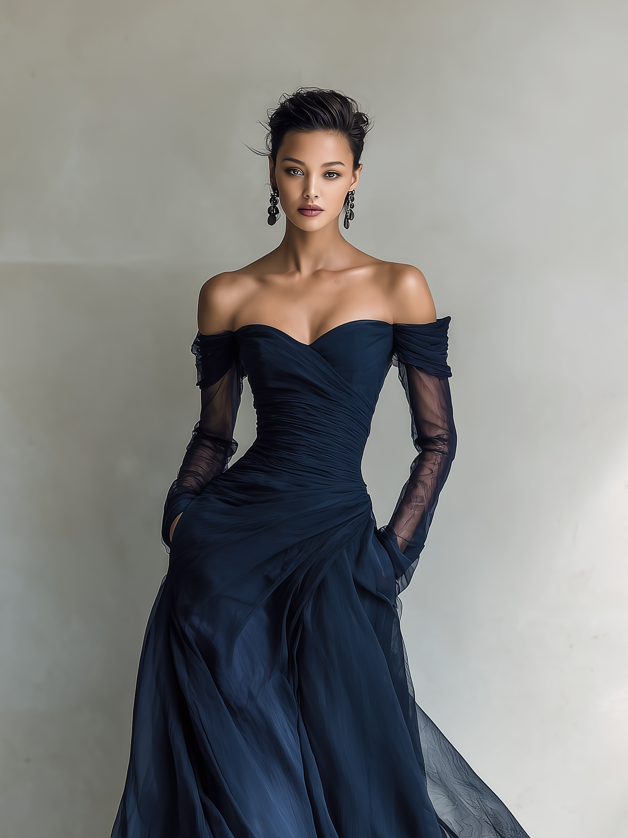 Maxi Dresses for Women in Dark Blue, Made of Organza Silk, with Long Sleeves and Off-the-Shoulder MDA1711L9AN