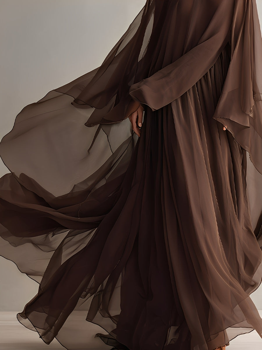 Rich Brown Chiffon Dresses for Women with a Flowing Maxi Silhouette and Scarf-like Design, Modern Elegant-Glitzy Style MDA1967L4I