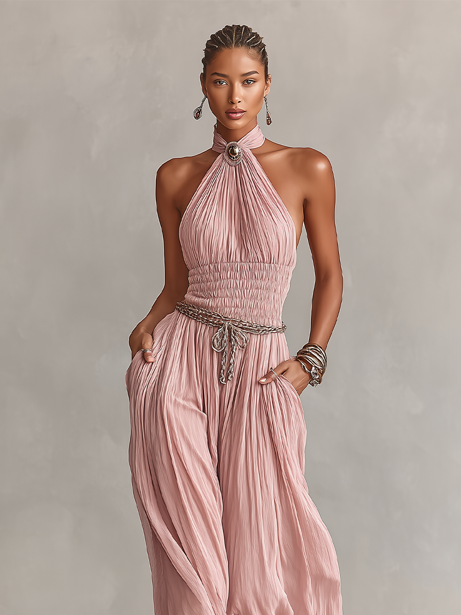 Women's bodysuit in blush color with a choker collar and wrinkled waist, timeless romantic-elegant style (without belt) MDZ1133B7I