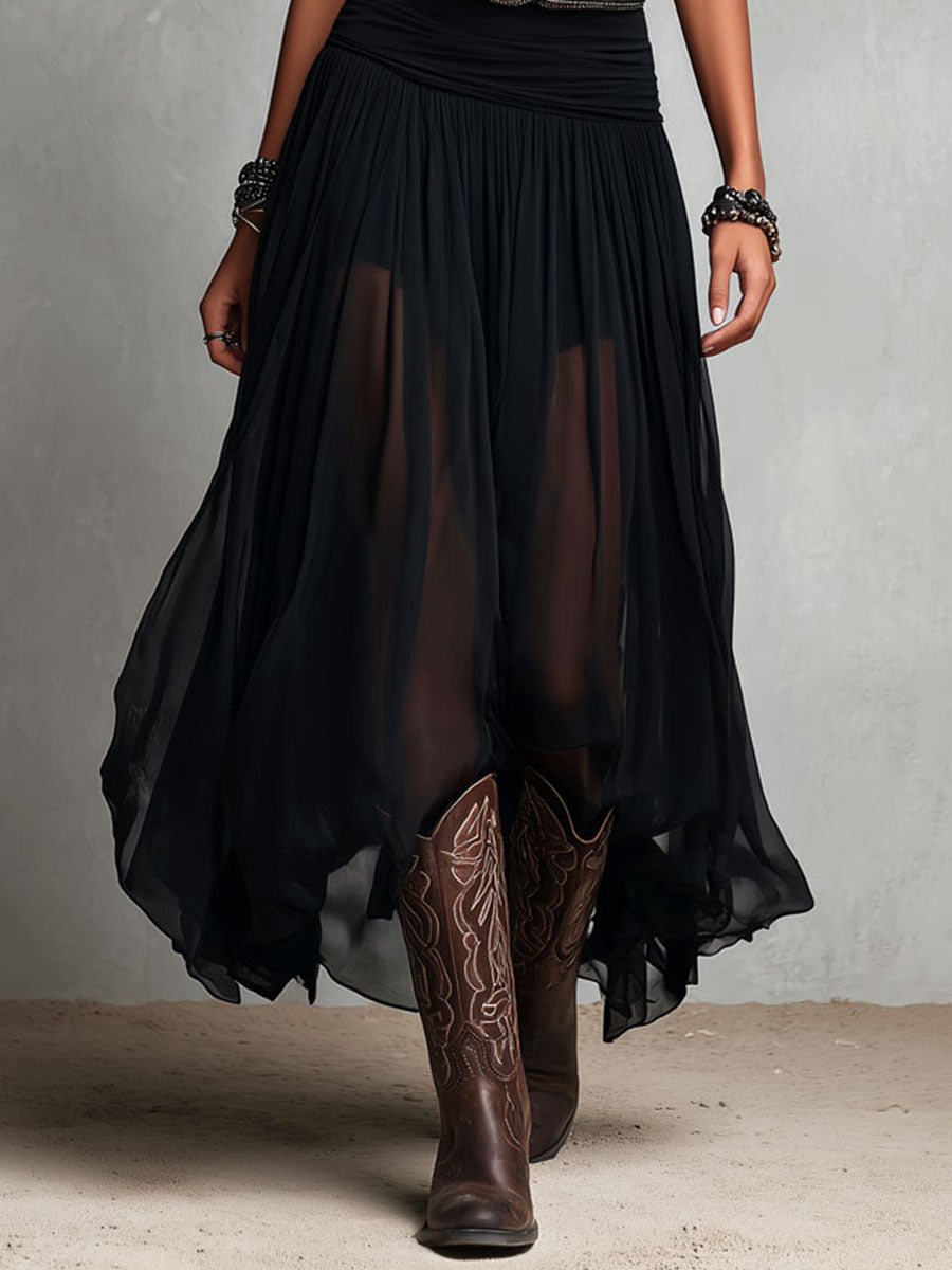 Black Stretchy Boho Western Maxi Dress with Sheer Skirt